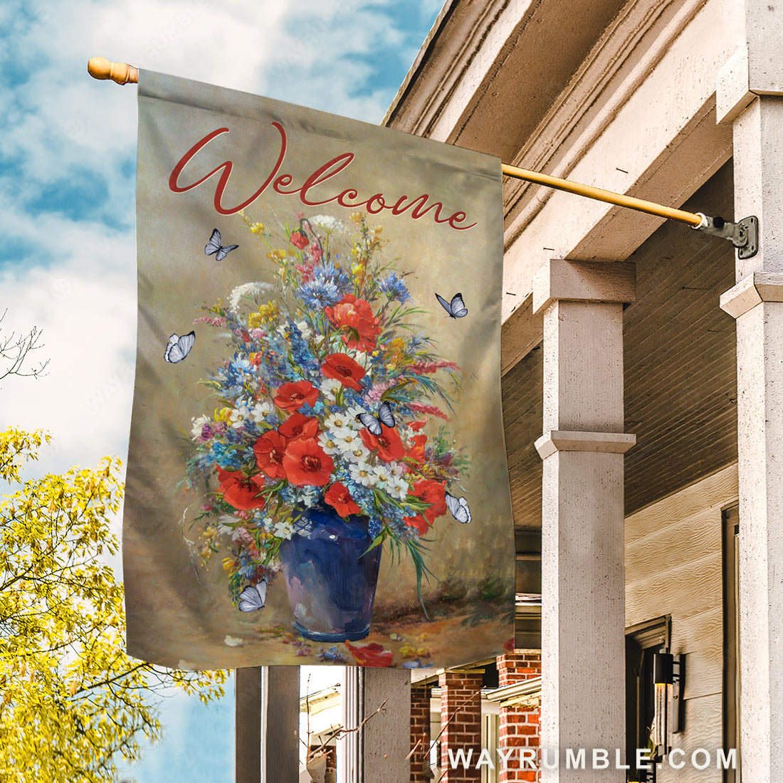 Still life painting, Pretty flower vase, Blue butterfly, Welcome - Jesus Flag