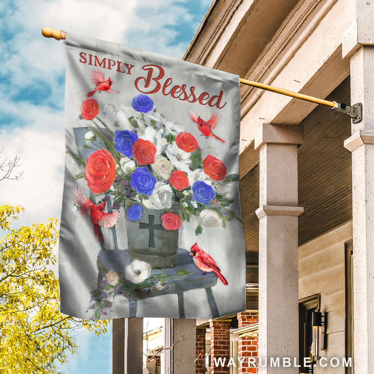 Unique rose flower, Red cardinal, Still life painting, Simply blessed - Jesus Flag