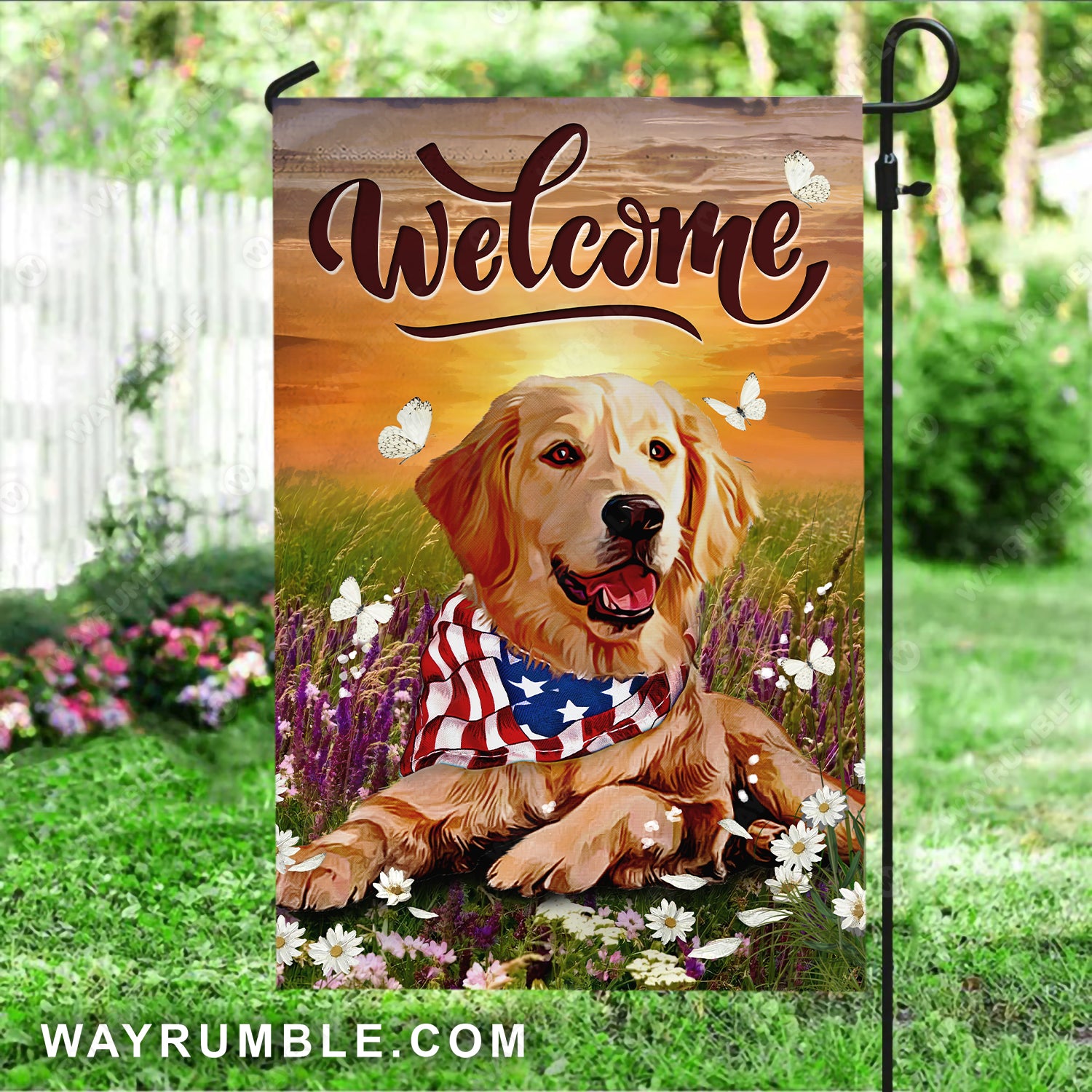 Watercolor dog, Daisy field, Orange sunset, Welcome - Jesus Flag