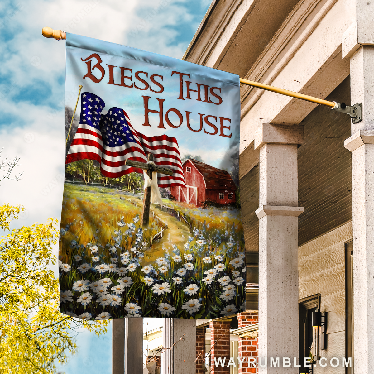 Countryside painting, US flag, Daisy field, Bless this house - Jesus Flag