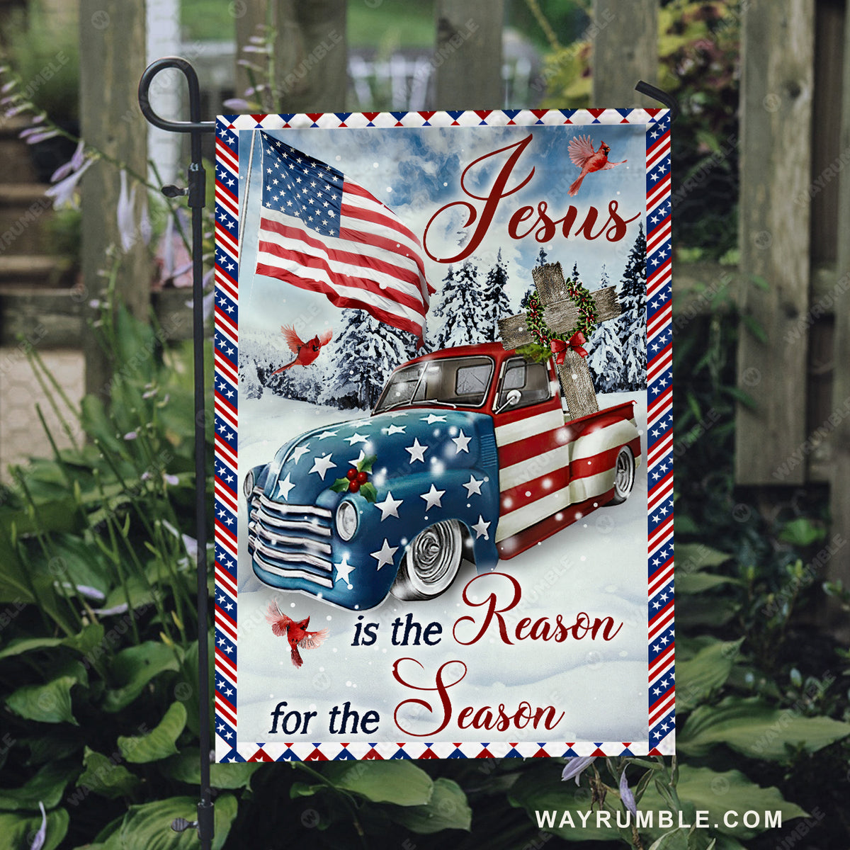US ladybug car, Winter forest, Wooden cross, Red cardinal, Jesus is the reason for the season - Jesus Flag