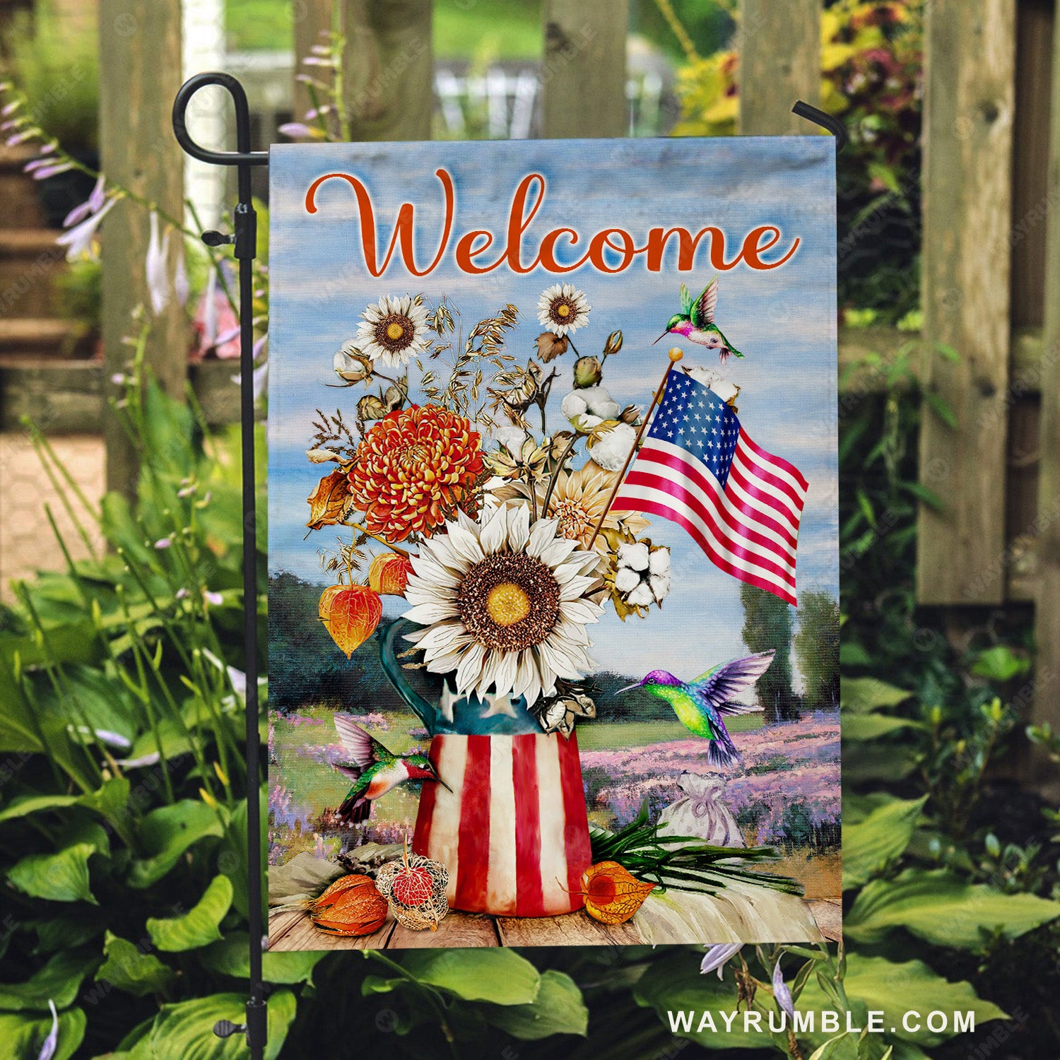 Vintage flower vase, Beautiful hummingbird, US flag painting, Welcome - Jesus Flag