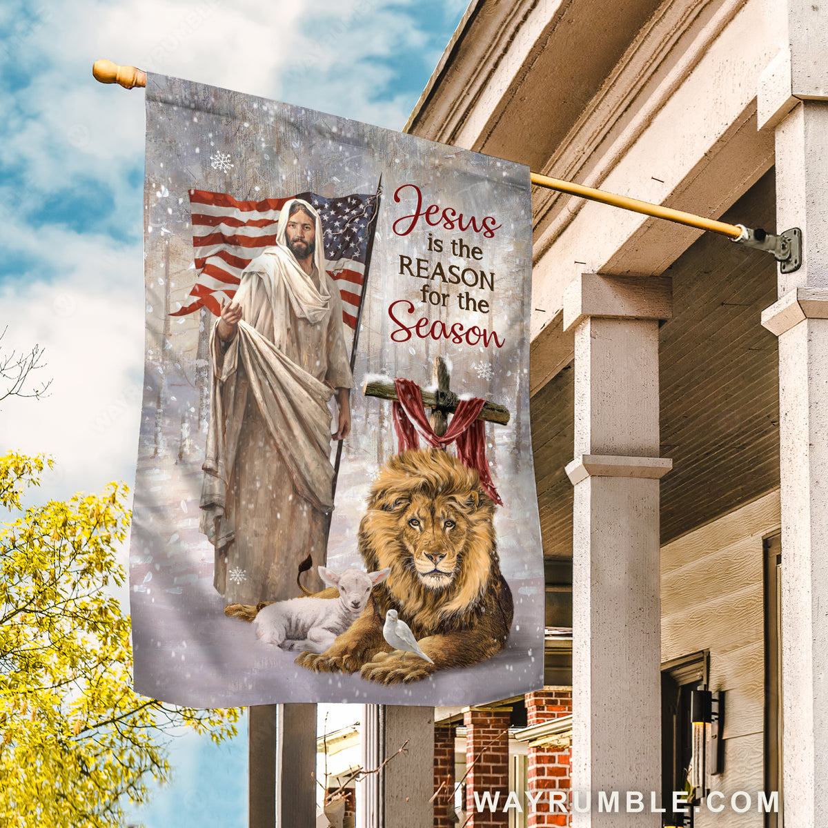 Amazing lion, Winter painting, White lamb, Jesus is the reason for the season - Jesus Flag
