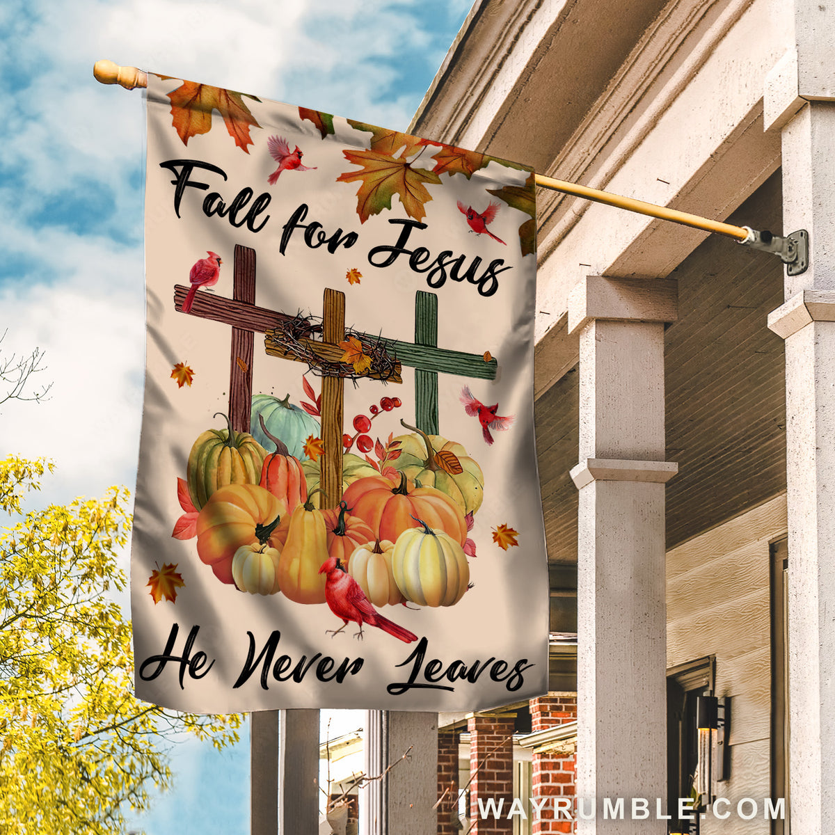 Halloween flag, Watercolor pumpkin, Cross symbol, Cardinal, Fall for Jesus - Jesus Flag