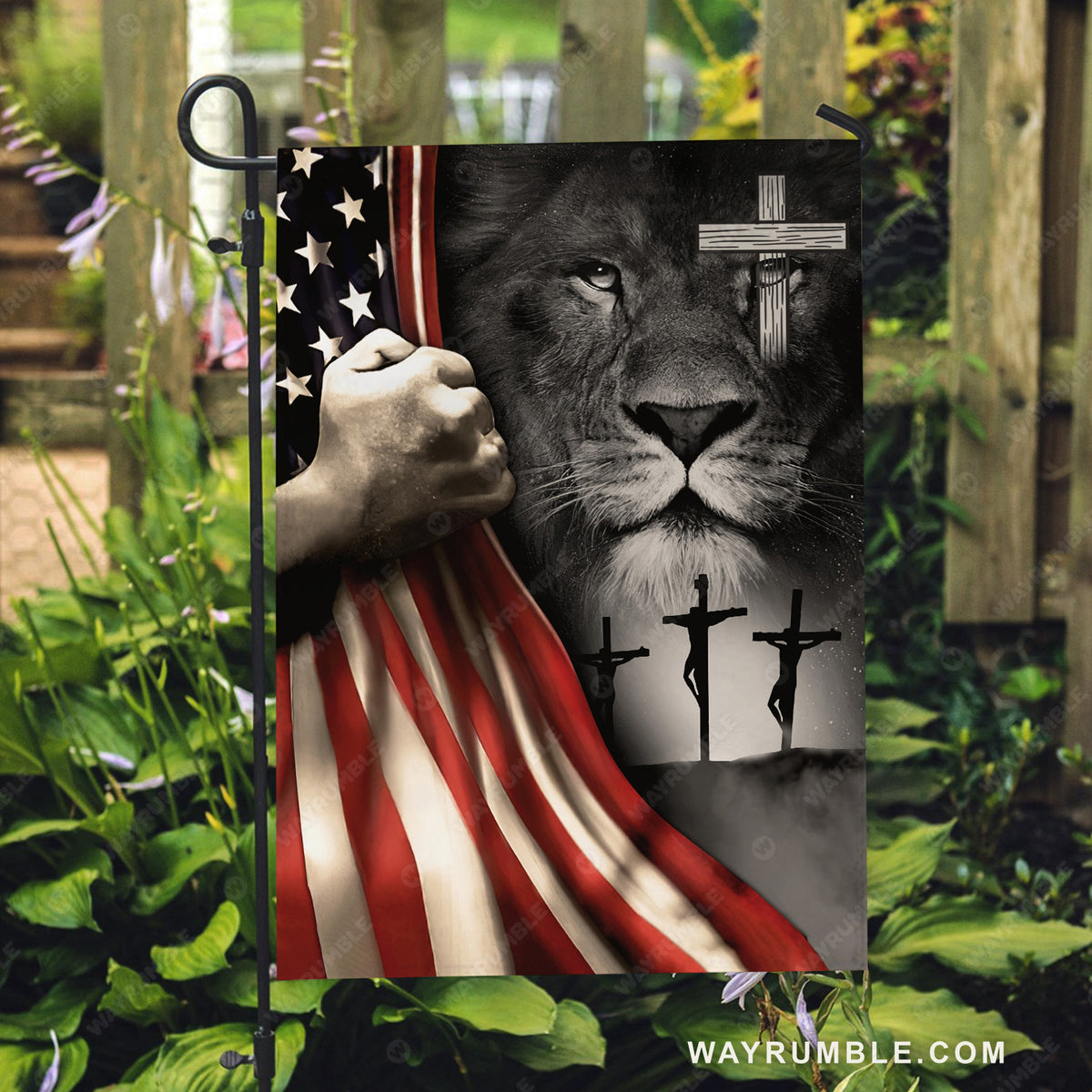 Black lion drawing, Cross symbol, US flag, Jesus&#39;s hand - Jesus Flag