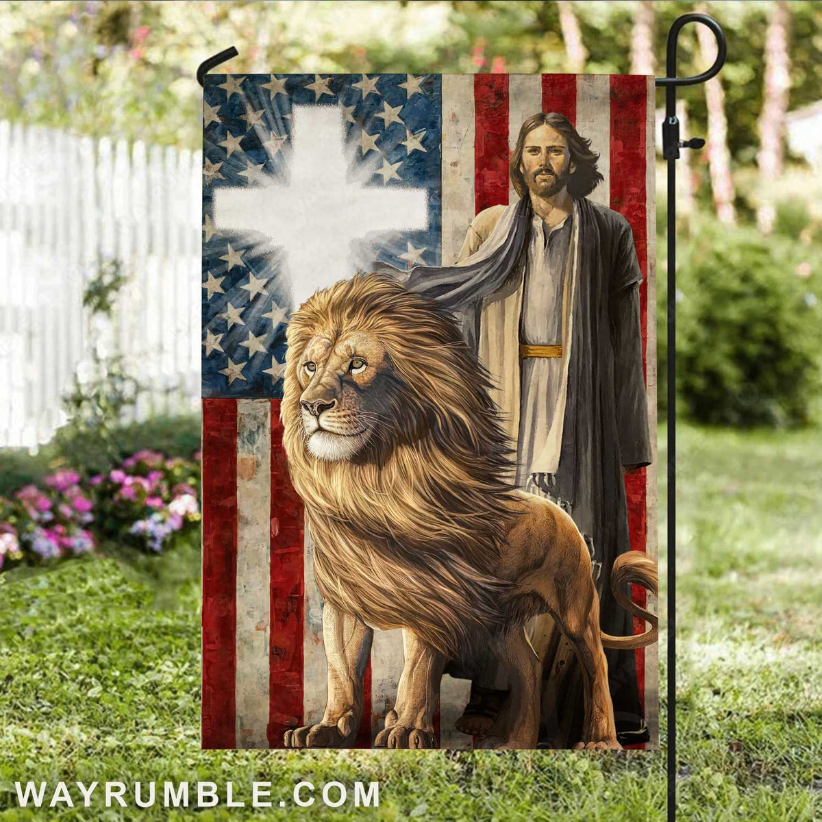 Lion of Judah, Walking with Jesus, Light cross, US flag background - Jesus Flag