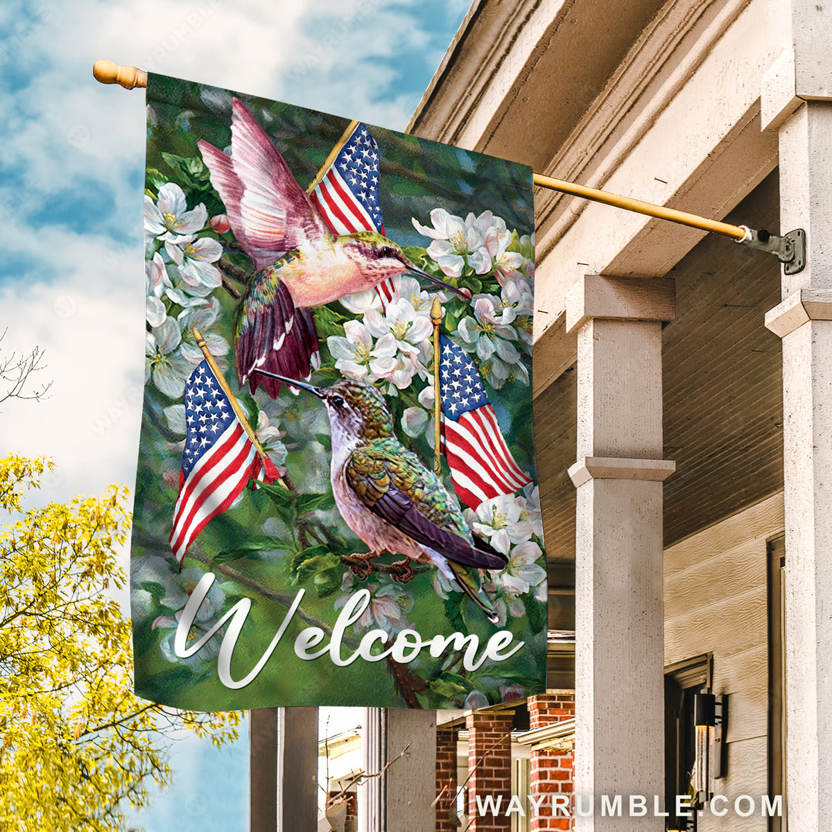 Brilliant hummingbird, Jasmine forest, US flag, Welcome - Jesus Flag