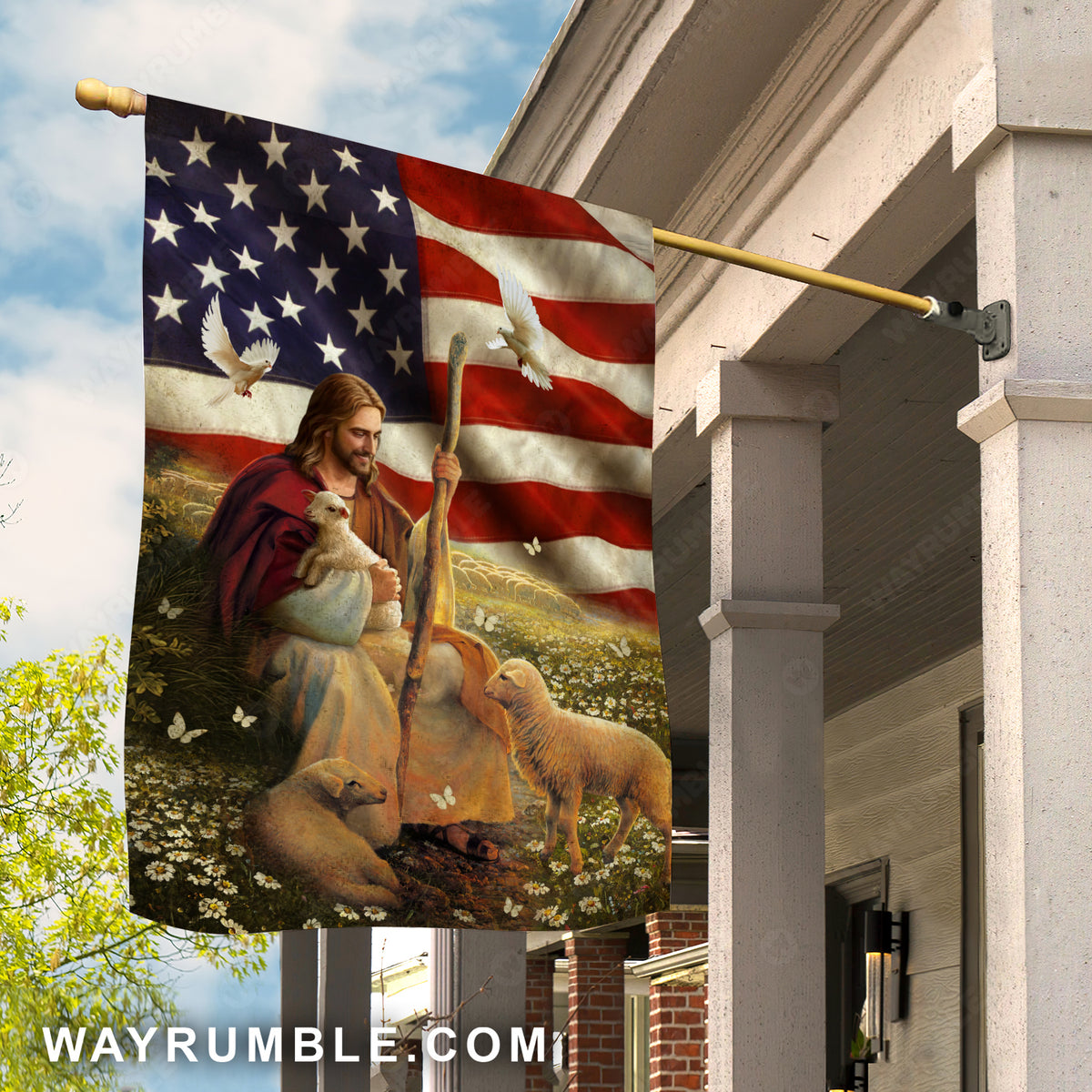White lamb of God, Daisy field, Big US flag, Walking with Jesus - Jesus Flag