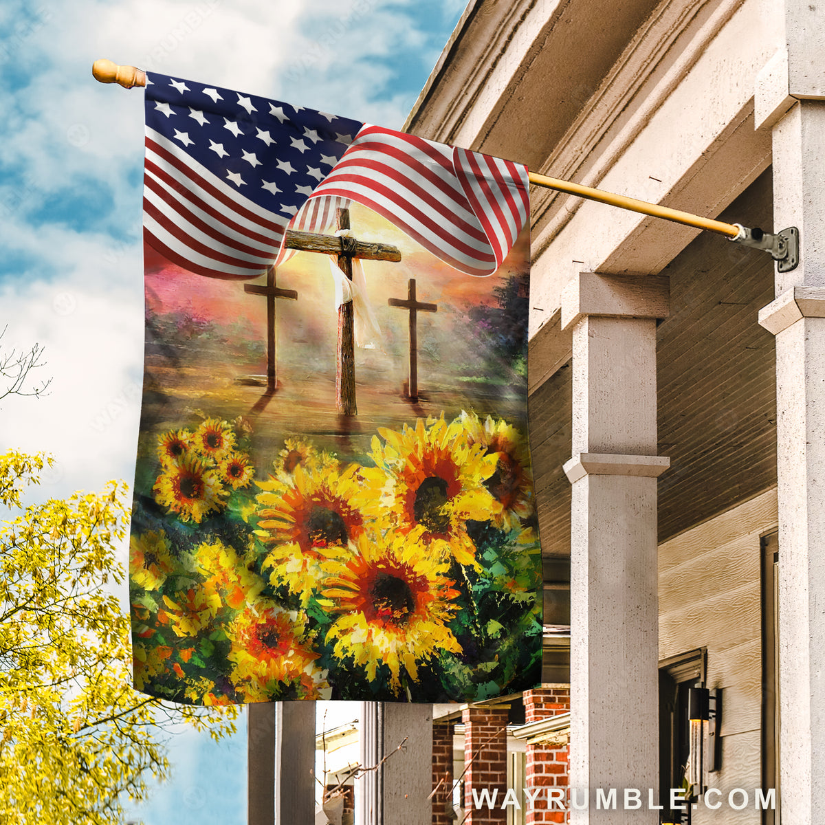 Watercolor sunflower, Cross symbol, Sunny day, US flag - Jesus Flag