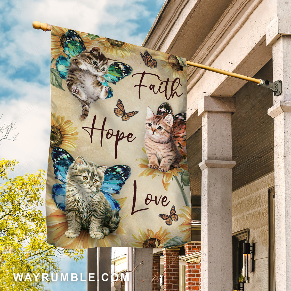 Little cat, Crystal butterfly, Sunflower painting, Faith, Hope, Love - Jesus Flag