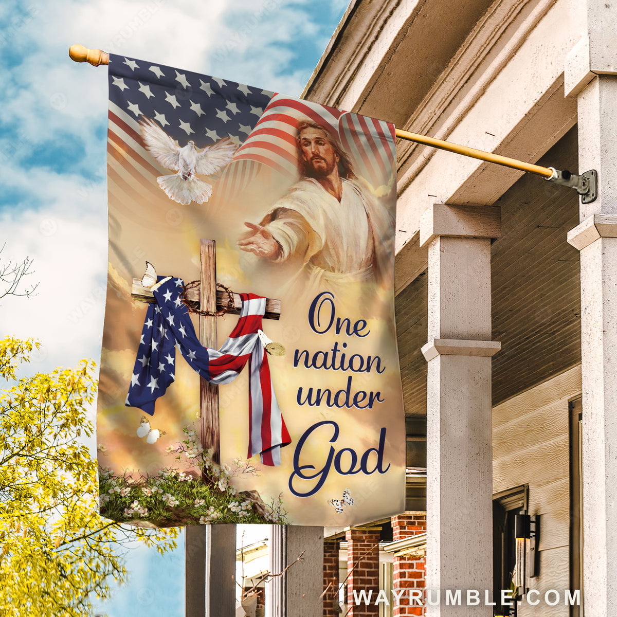 White dove, Walking with Jesus, Cross symbol, Daisy, One nation under God - Jesus Flag