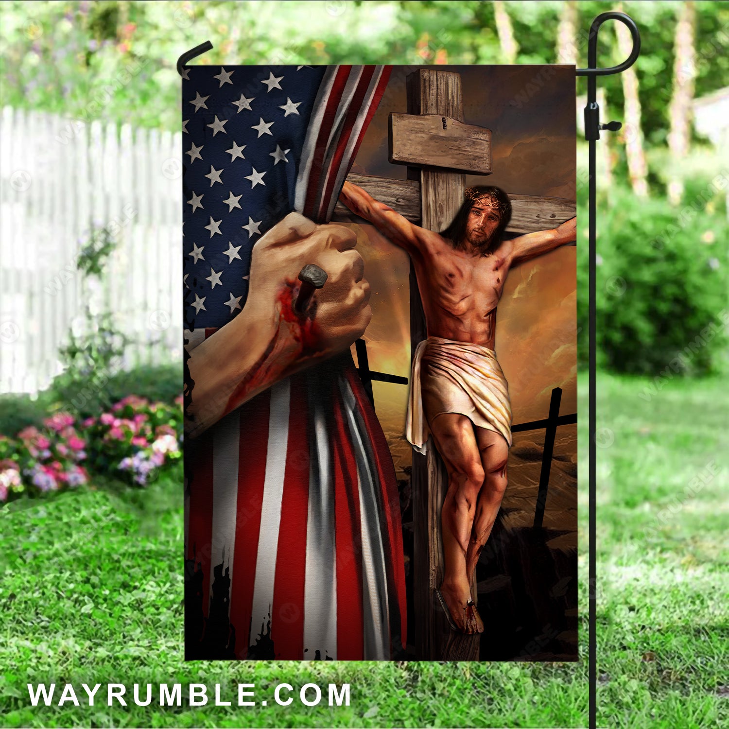 Jesus on the cross drawing, Jesus hand, US flag, Sunset painting - Jesus Flag