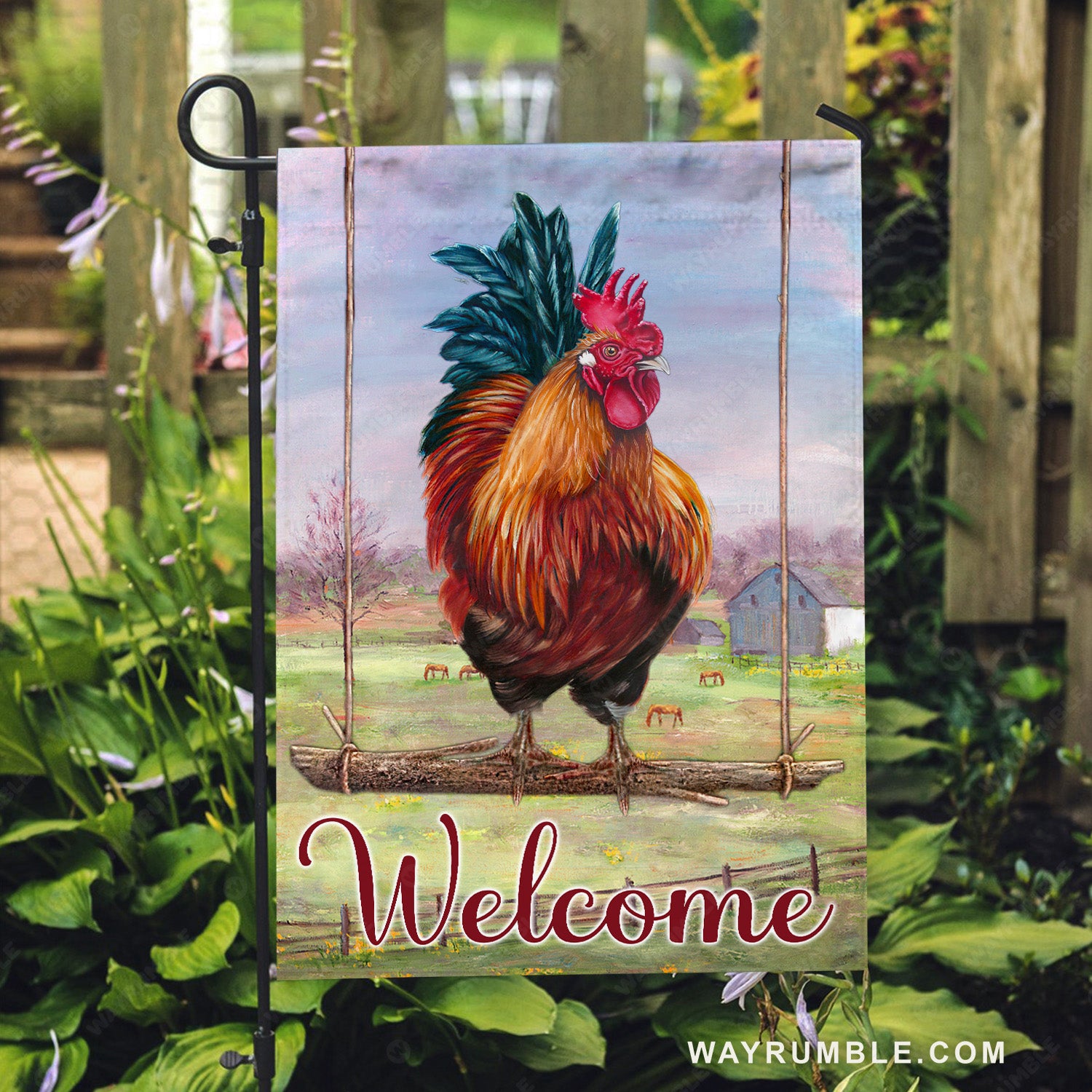 Stunning rooster, Green meadow land, Welcome - Jesus Flag