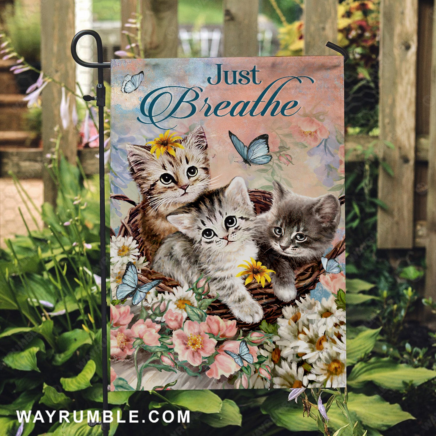 Little cat, Colorful flower, Blue butterfly, Just breathe - Jesus Flag