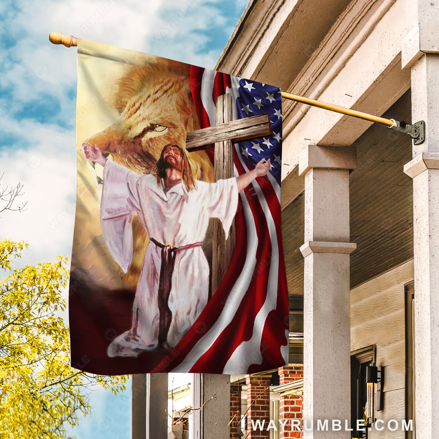Jesus painting, Lion king, King of Kings, Lord of Lords, Wooden cross - Jesus Flag