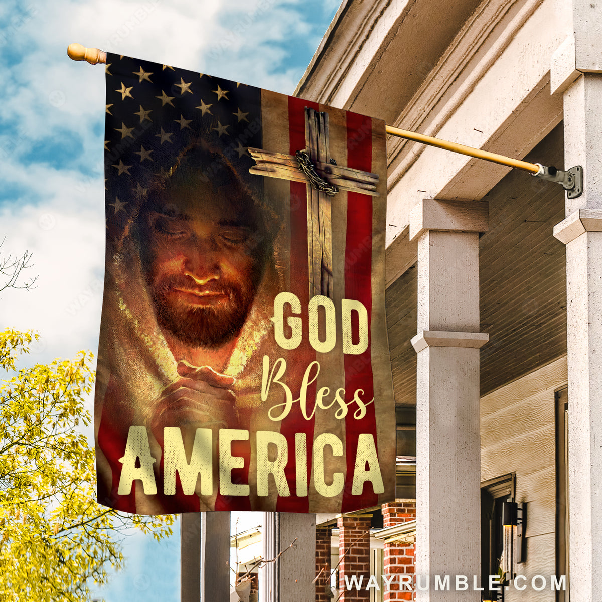 Pray for healing, Wooden cross, Crown of thorn, God bless America - Jesus Flag