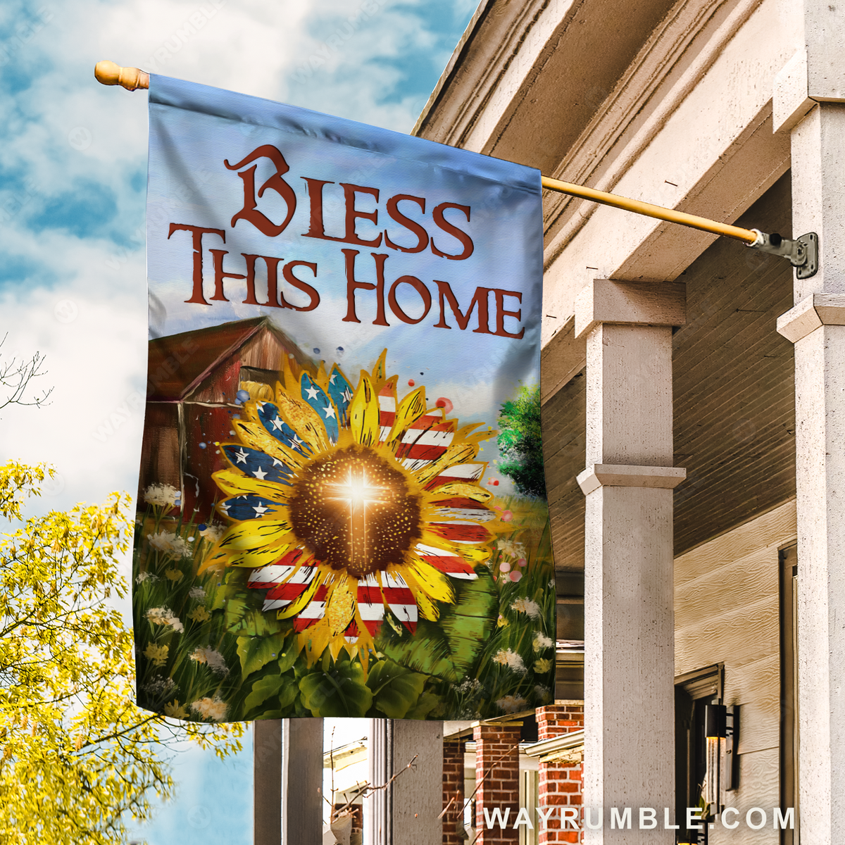 Beautiful sunflower, US flag, Green garden, Bless this home - Jesus Flag