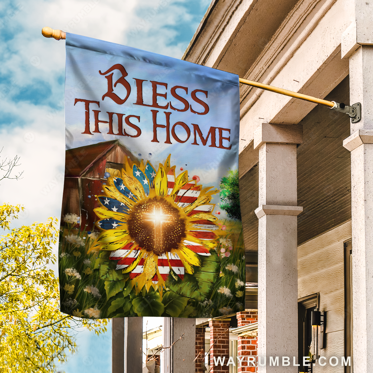 Beautiful sunflower, US flag, Green garden, Bless this home - Jesus Flag