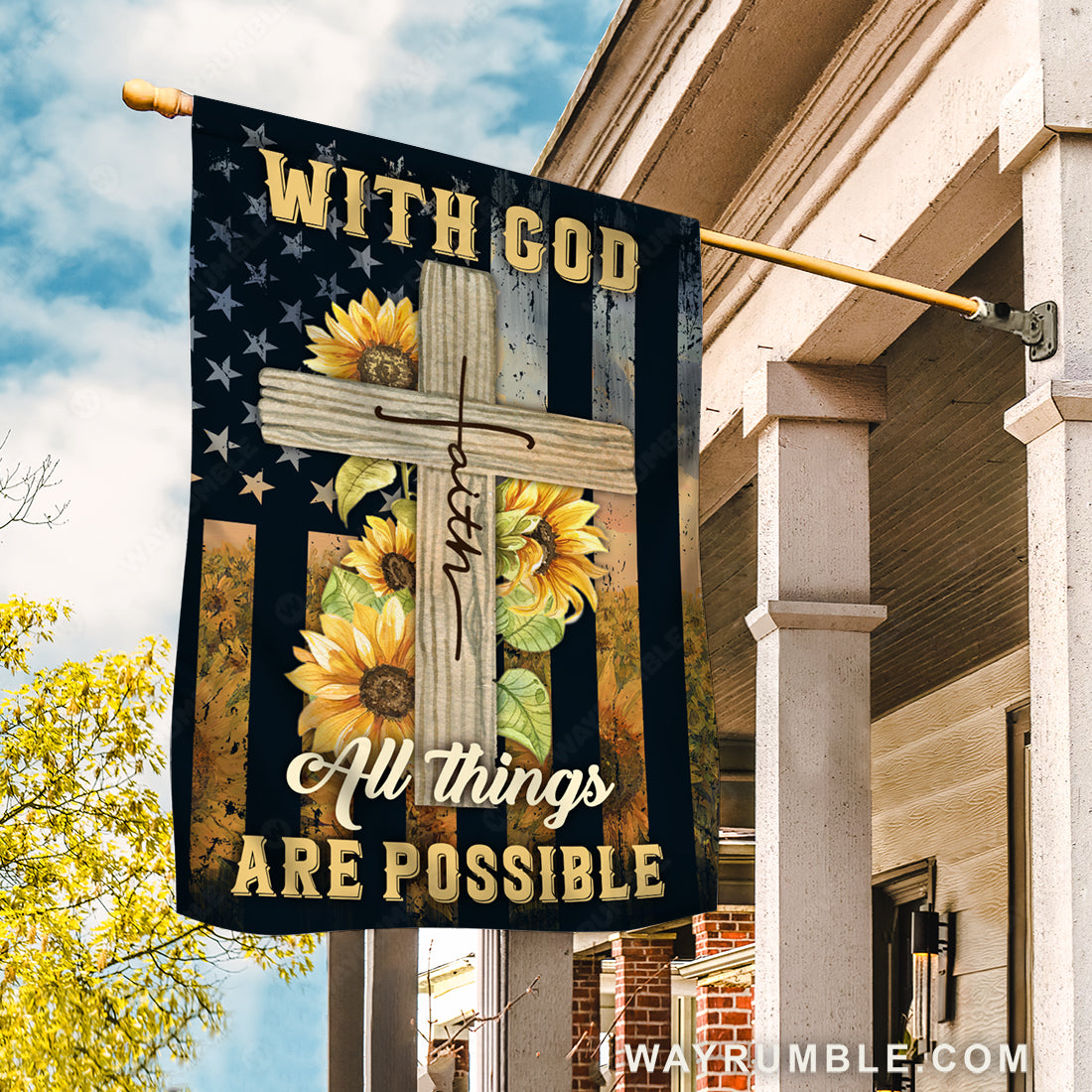 Cross symbol, Sunflower frame, Us flag, With God all things are possible - Jesus Flag