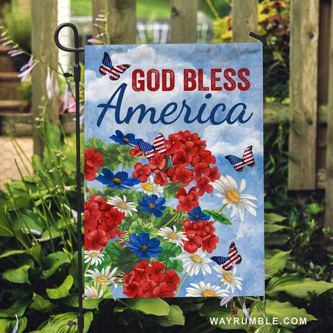 Beautiful flower vase, Blue sky, Pretty butterfly, God bless America - Jesus Flag