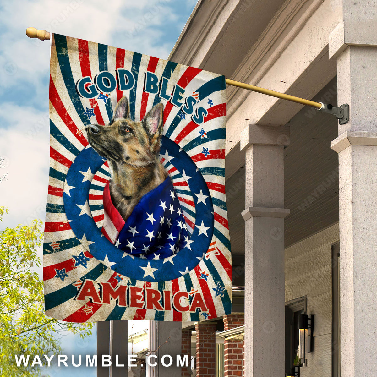 German shepherd drawing, US flag, White star, God bless America - Jesus Flag