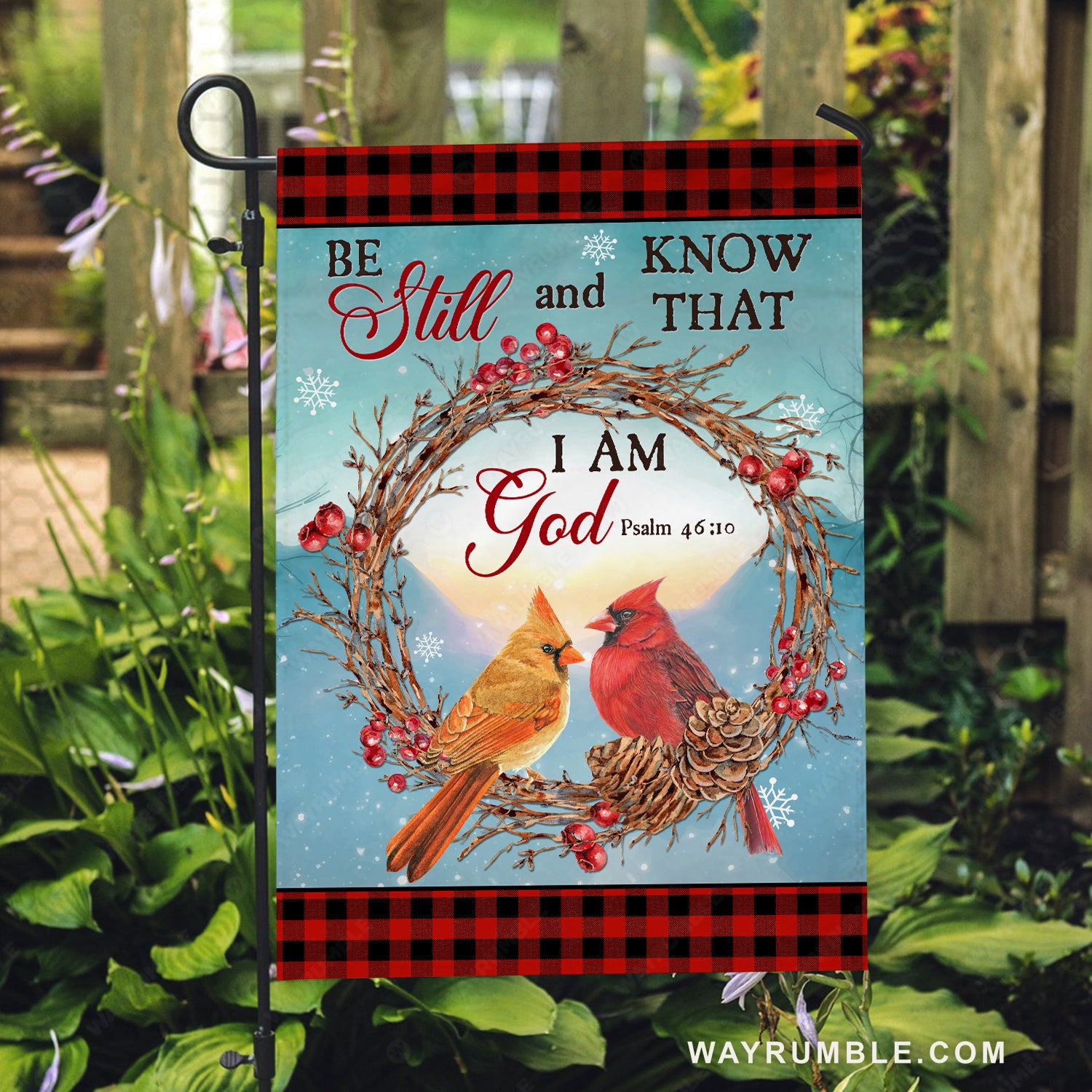 Cardinal couple, Cranberry flower wreath, Be still and know that I am God - Jesus Flag