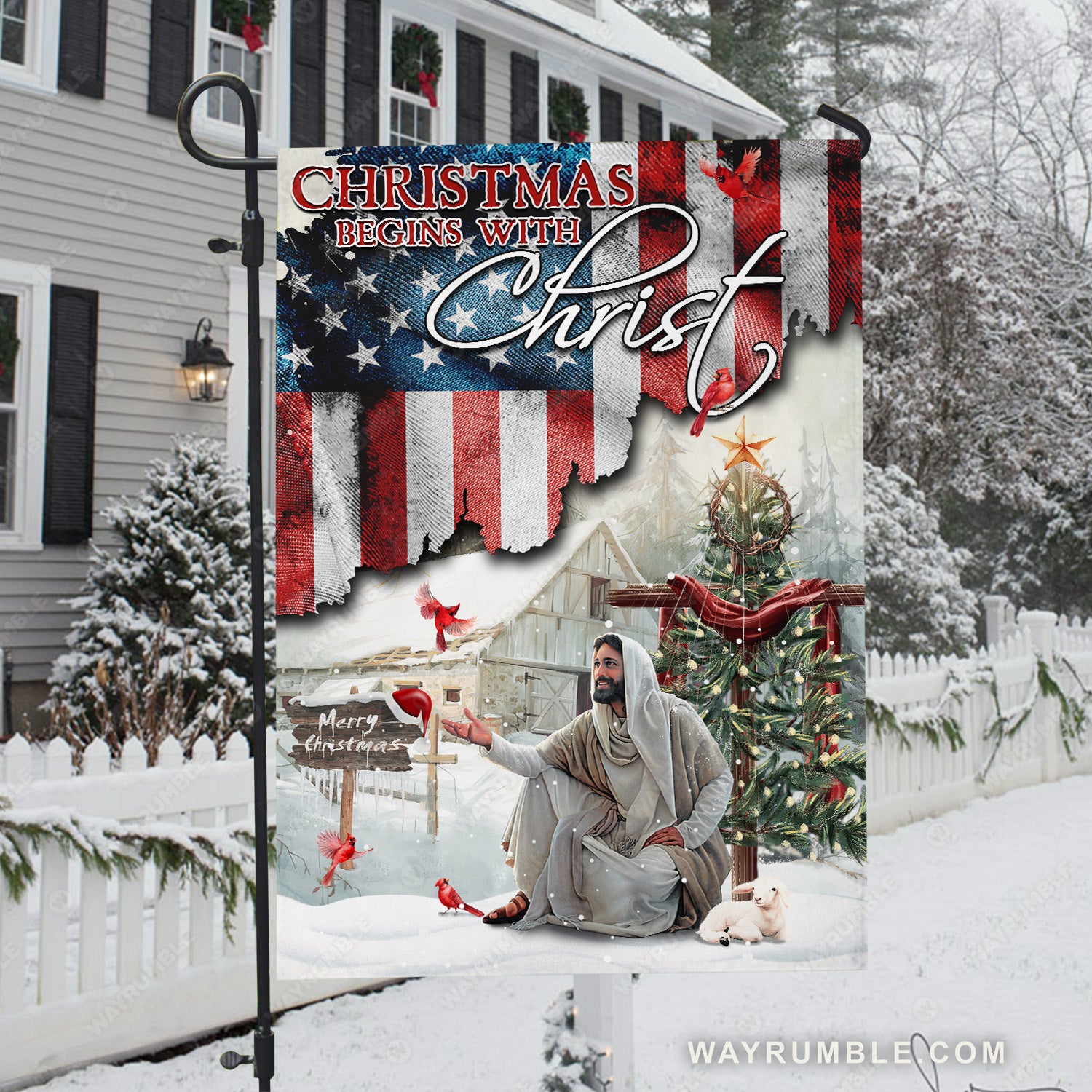 Walking with Jesus, Christmas painting, Red cardinal, Christmas begins with Christ - Jesus Flag