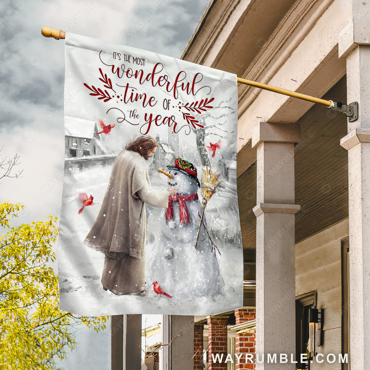 Christmas flag, Lovely snowman, Awesome Jesus, Red cardinal, It&#39;s the most wonderful time of the year - Jesus Flag