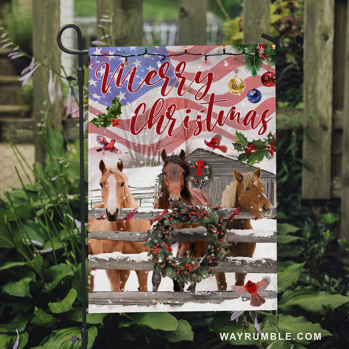 Lovely flag, Watercolor horse, Christmas wreath, US flag, Merry Christmas - Jesus Flag