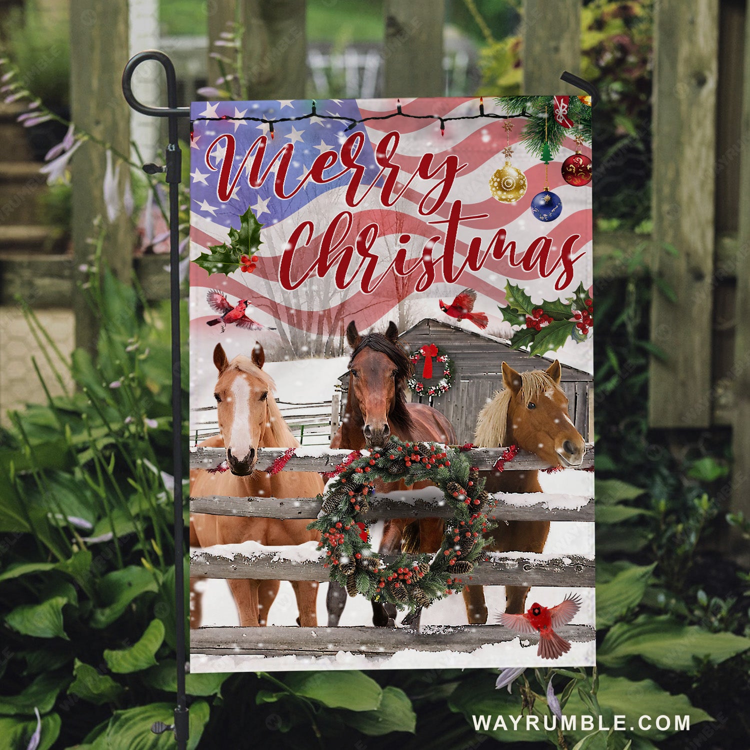 Lovely flag, Watercolor horse, Christmas wreath, US flag, Merry Christmas - Jesus Flag