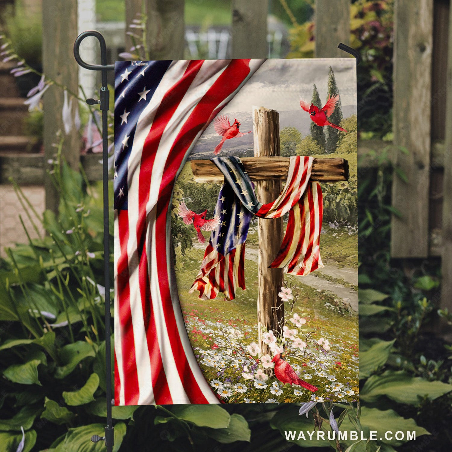 Old cross, Pretty cardinal, US flag painting, Beautiful flower field - Jesus Flag