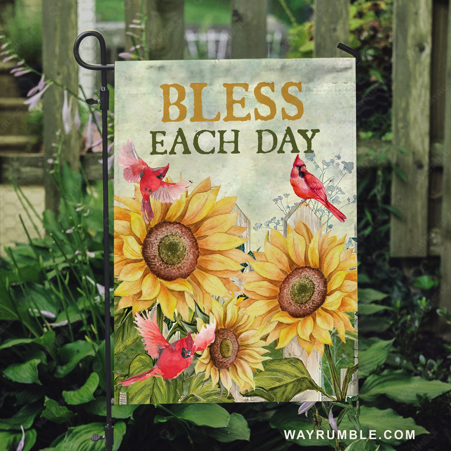 Sunflower garden, Red cardinal. Bless each day - Jesus Flag