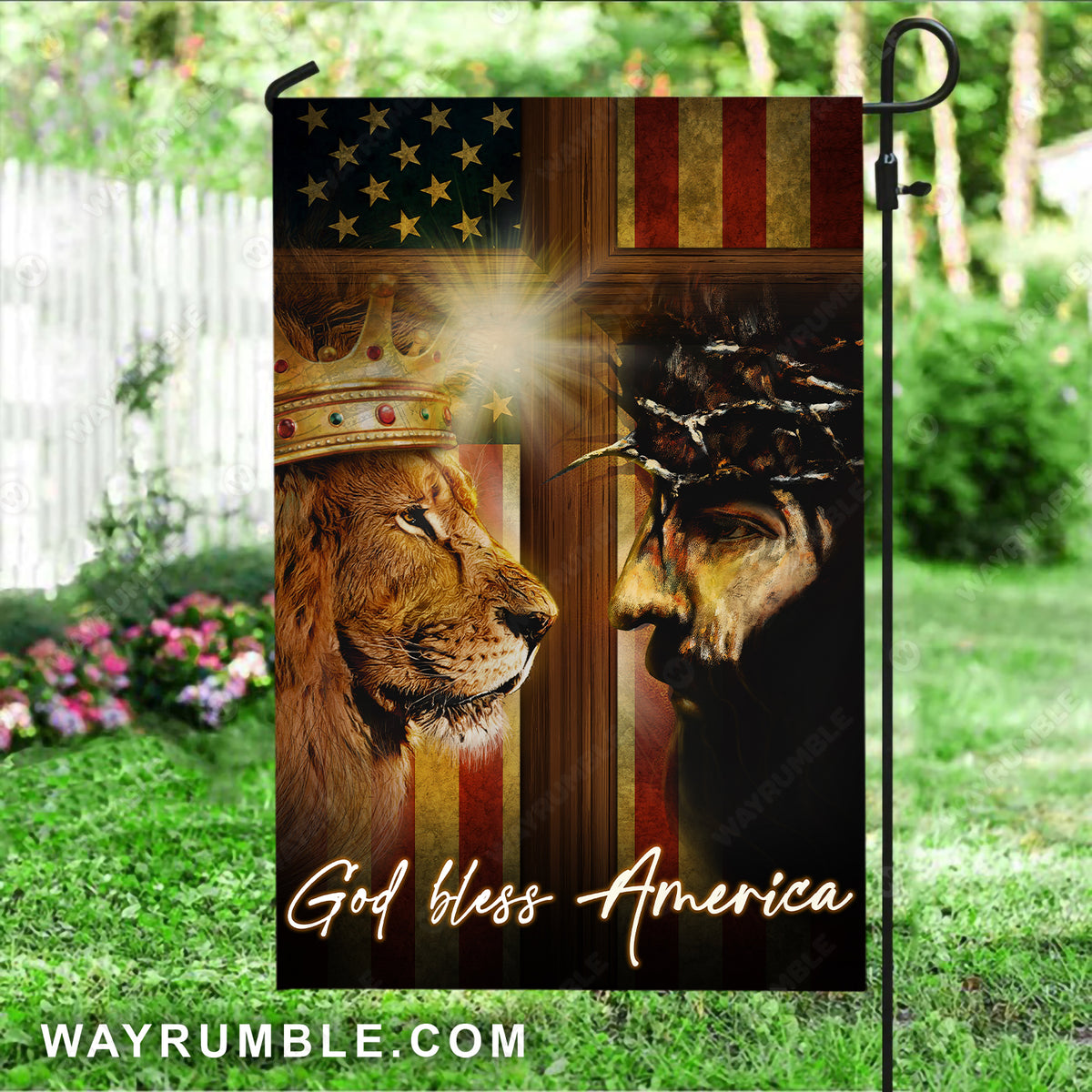 Lion of Judah, Jesus drawing, Face to face, Golden crown, God bless America - Jesus Flag