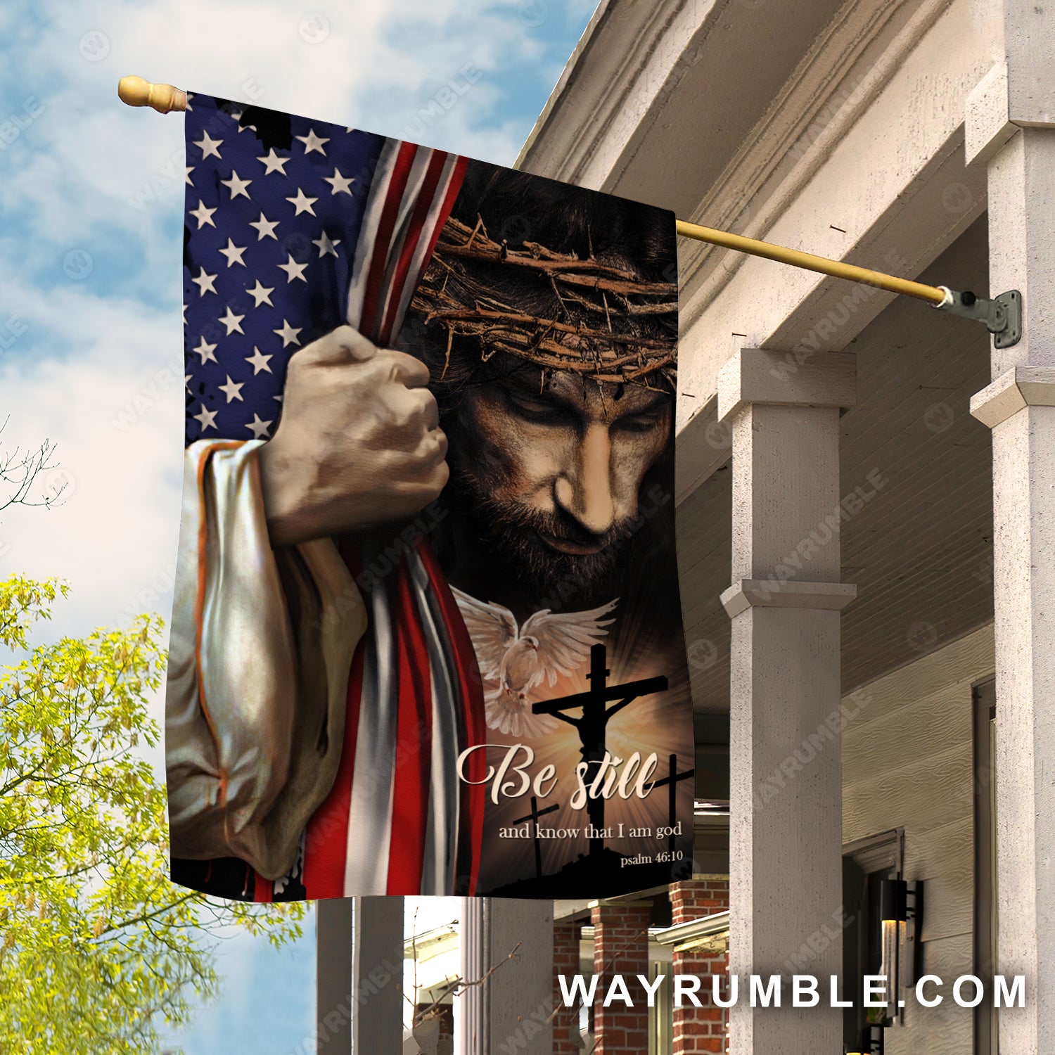 The face of Jesus, Crown of thorn, US flag, Be still and know that I am God - Jesus Flag