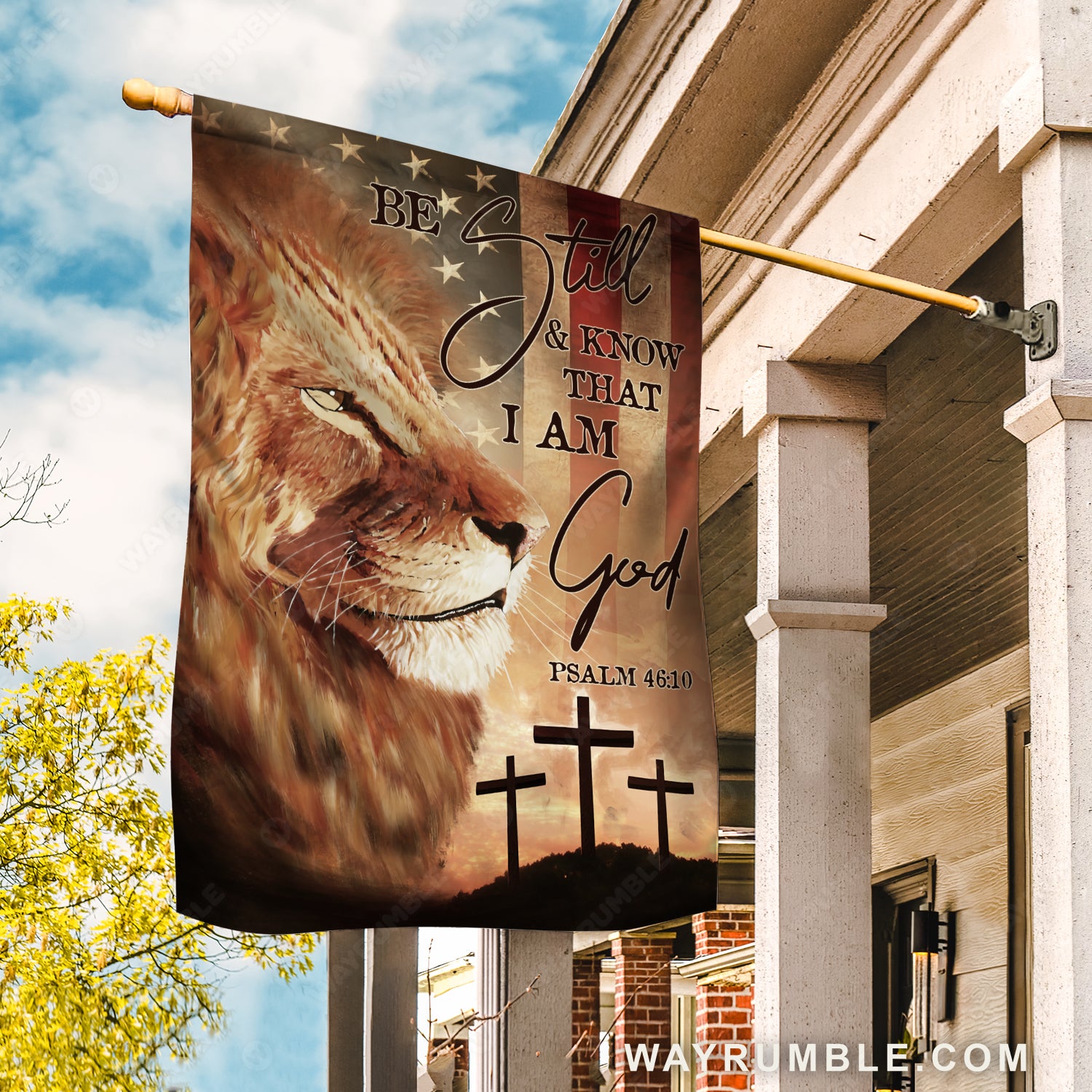 Brown lion painting, US flag background, Black cross, Be still and know that I am God - Jesus Flag