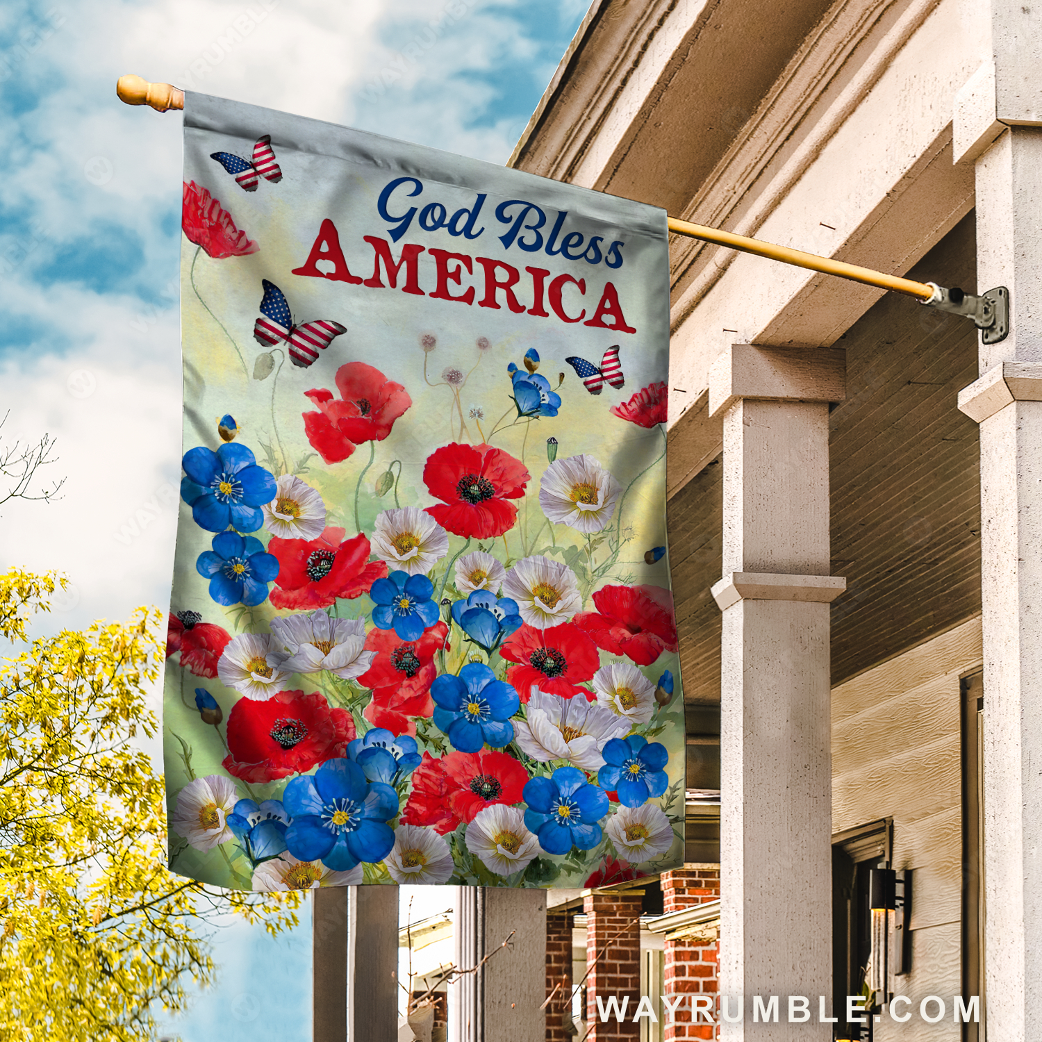 Colorful poppy painting, Pretty butterfly, US flag, God bless America - Jesus Flag