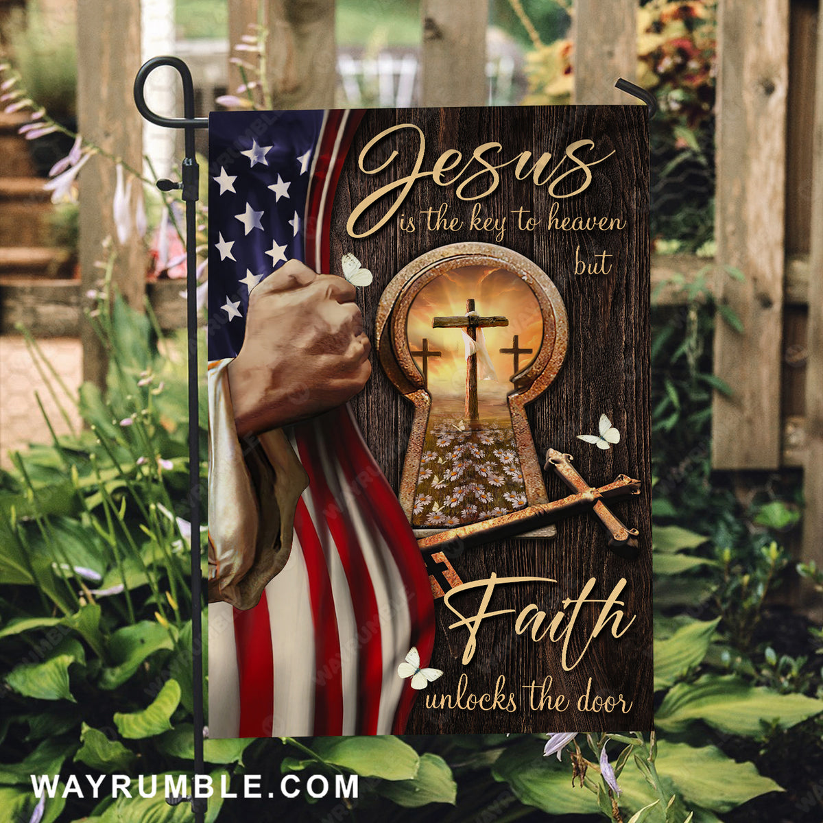 Beautiful US flag, Cross symbol, Golden key, Jesus is the key to heaven - Jesus Flag