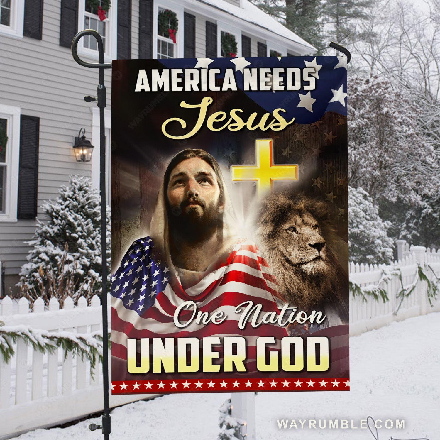 Home Decor, Pretty Jesus painting, Face of lion, Yellow cross, America needs Jesus - Jesus Flag