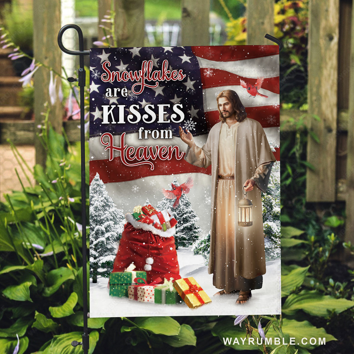 Christmas gifts, Amazing Jesus painting, Cardinal, Snowflakes are kisses from heaven - Jesus Flag