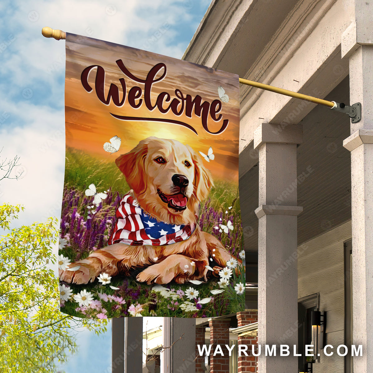 Watercolor dog, Daisy field, Orange sunset, Welcome - Jesus Flag