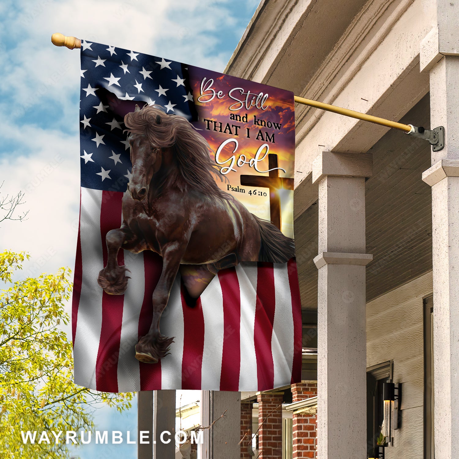 Stunning brown horse, Colorful sunset, US flag, Be still and know that I am God - Jesus Flag