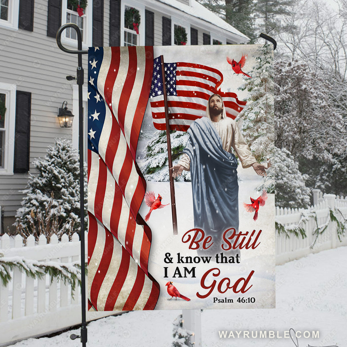 Amazing winter flag, Beautiful Jesus painting, US flag, Be still and know that I am God - Jesus Flag