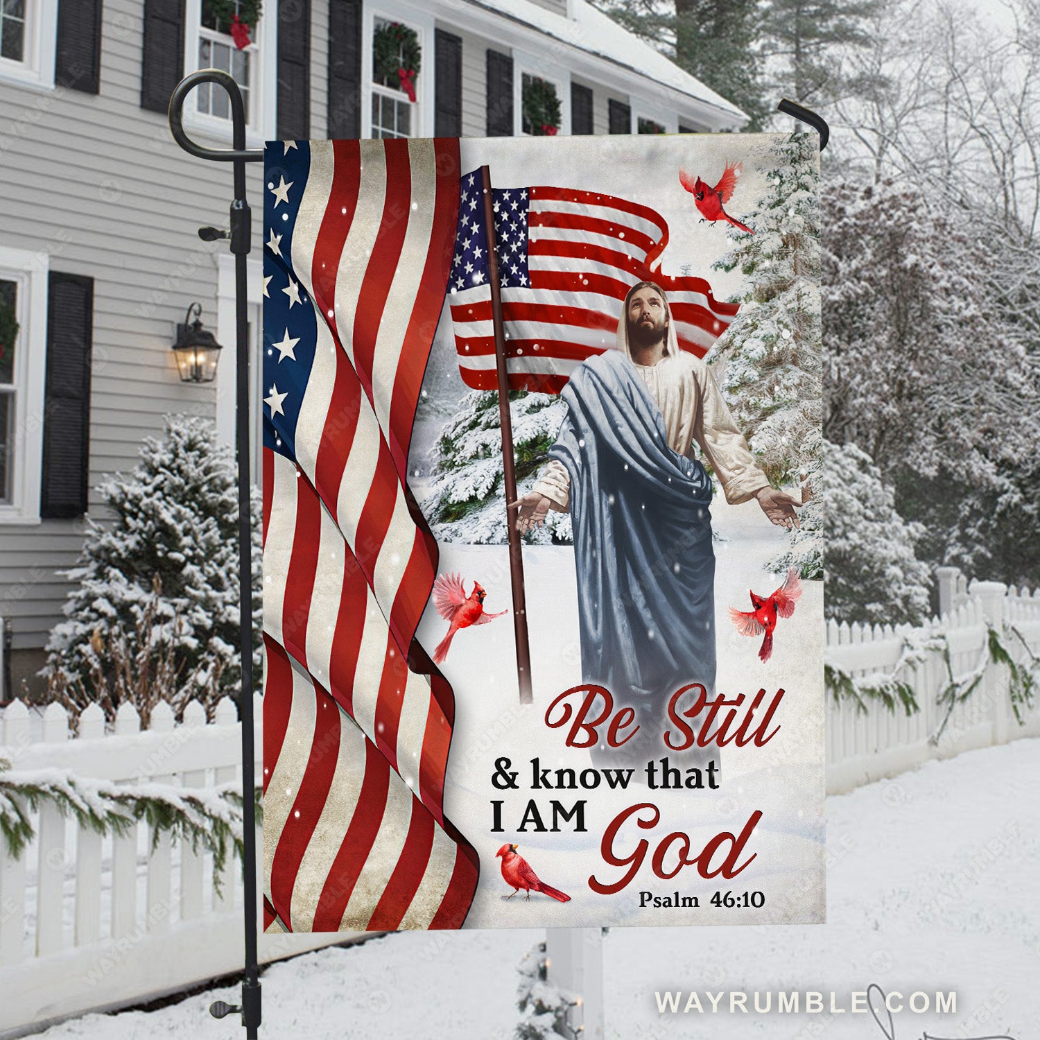 Amazing winter flag, Beautiful Jesus painting, US flag, Be still and know that I am God - Jesus Flag