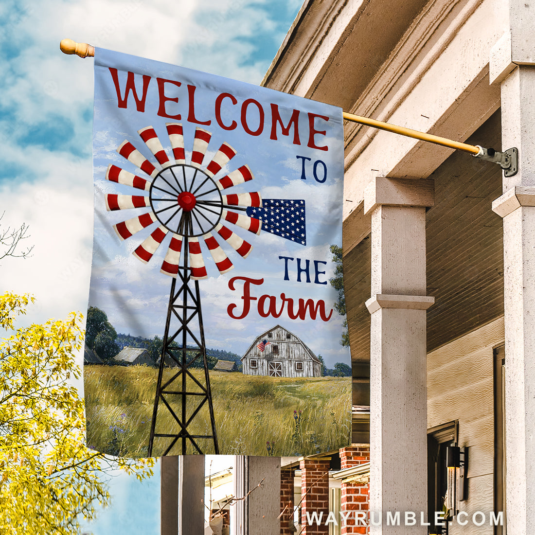 Beautiful windmill, Green meadow, Blue sky, Welcome to the farm - Jesus Flag