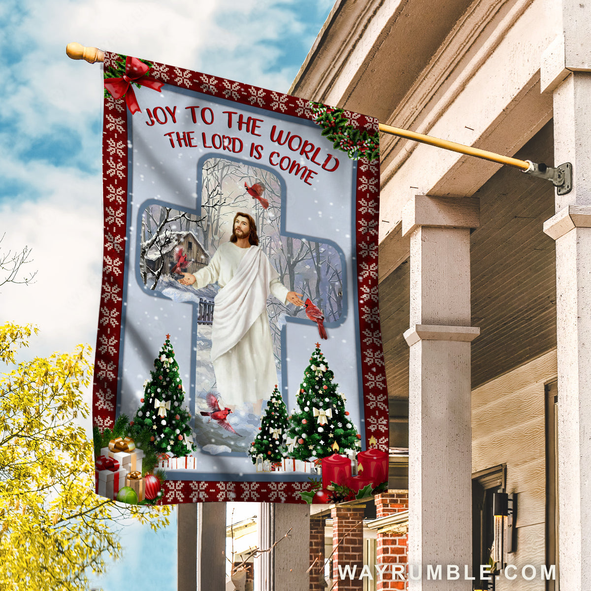 Christmas tree, Jesus drawing, Lucky cardinal, Joy to the world - Jesus Flag