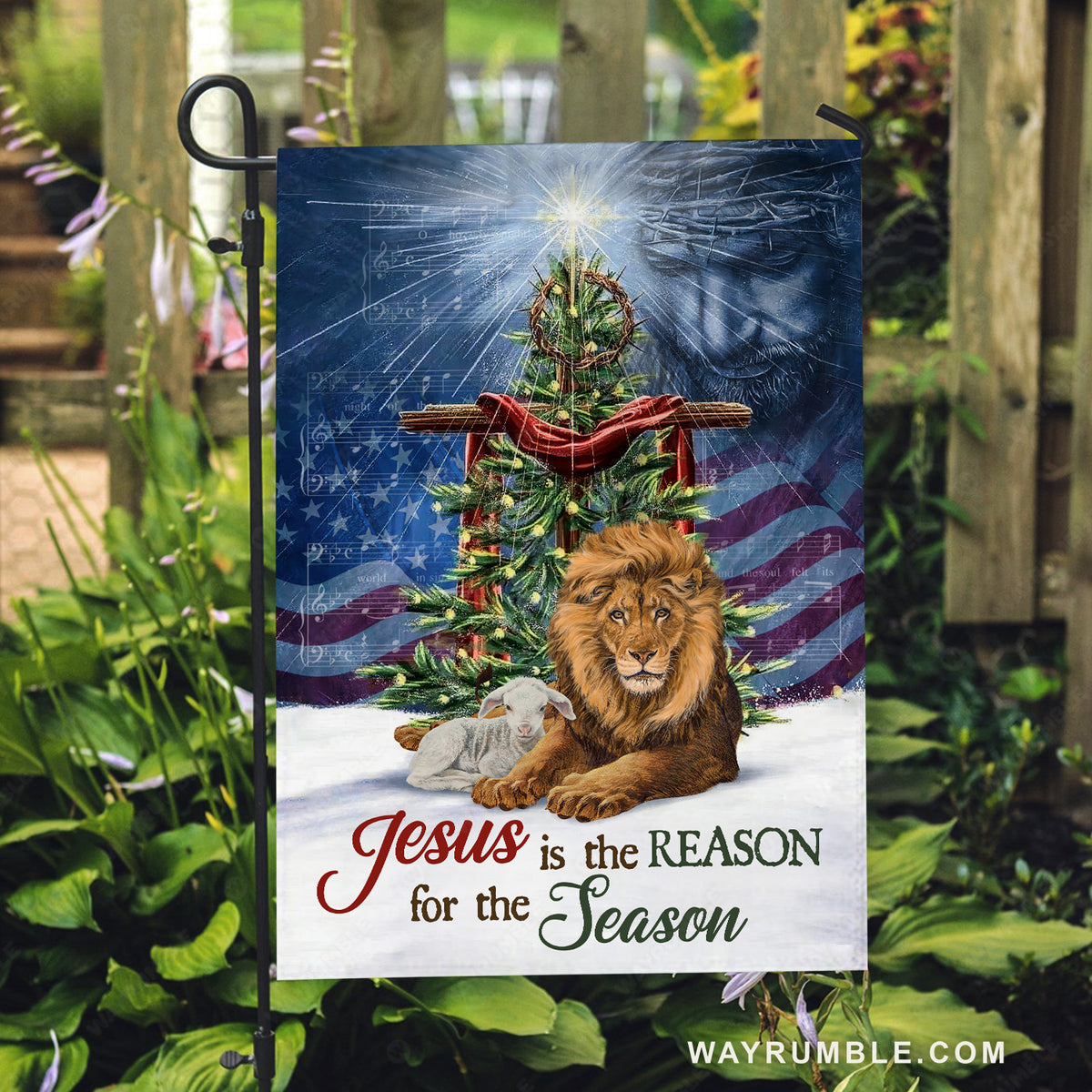 Brown lion of Judah, Awesome Christmas tree, Cross symbol, Jesus is the reason for the season - Jesus Flag