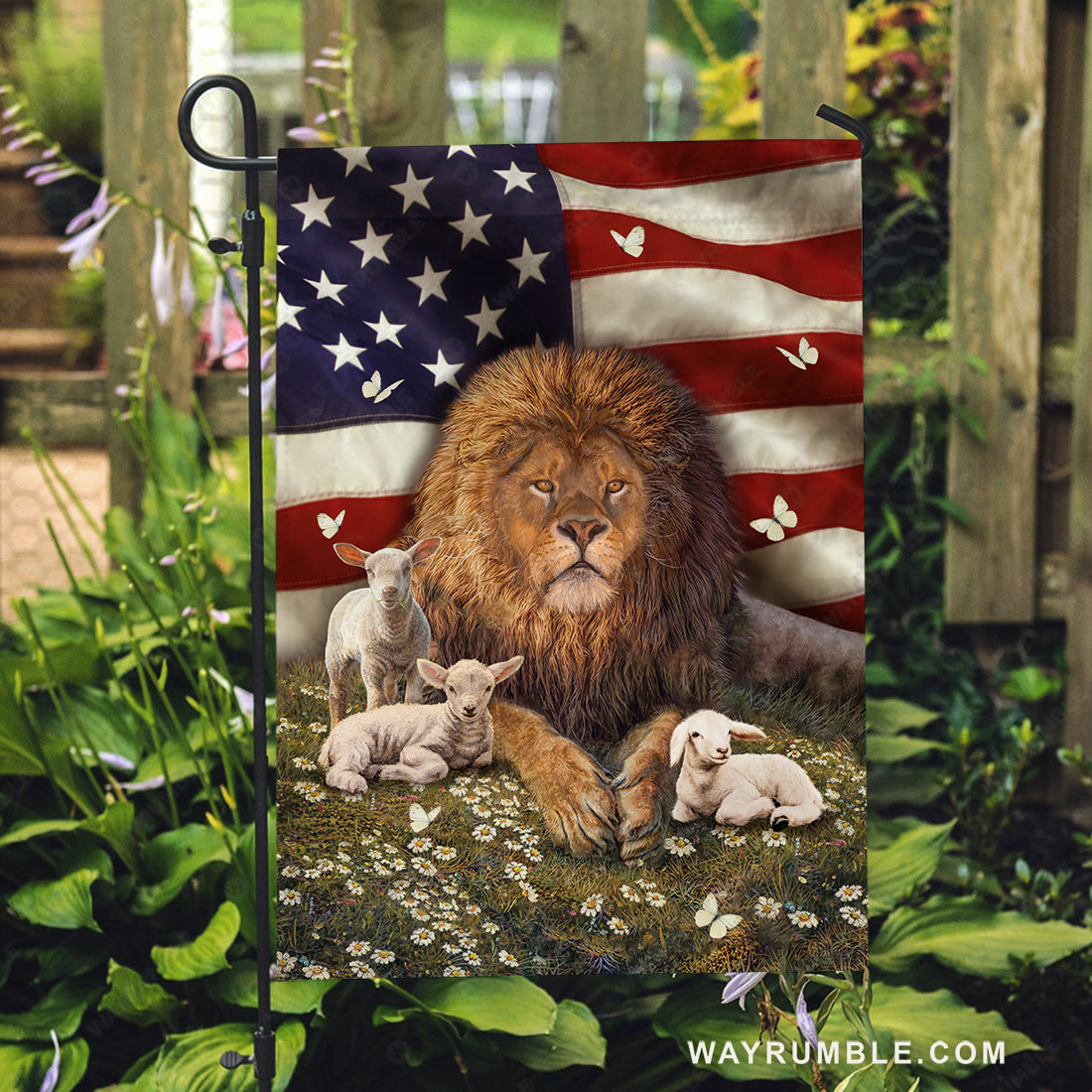 Big lion drawing, Little lamb artwork, Beautiful US flag, Daisy garden - Jesus Flag