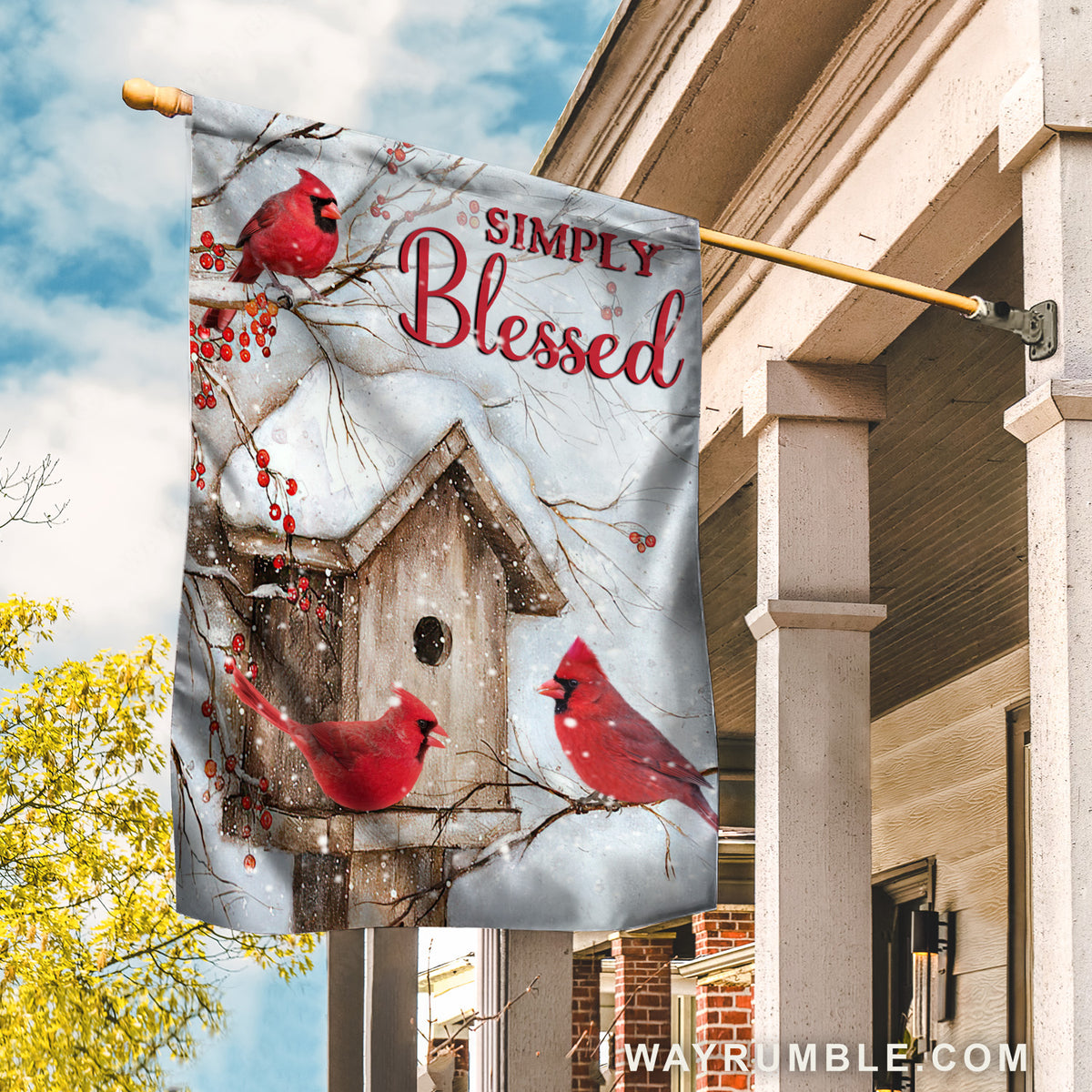 Big cardinal, Beautiful birdhouse, Cranberry forest, Simply blessed - Jesus Flag