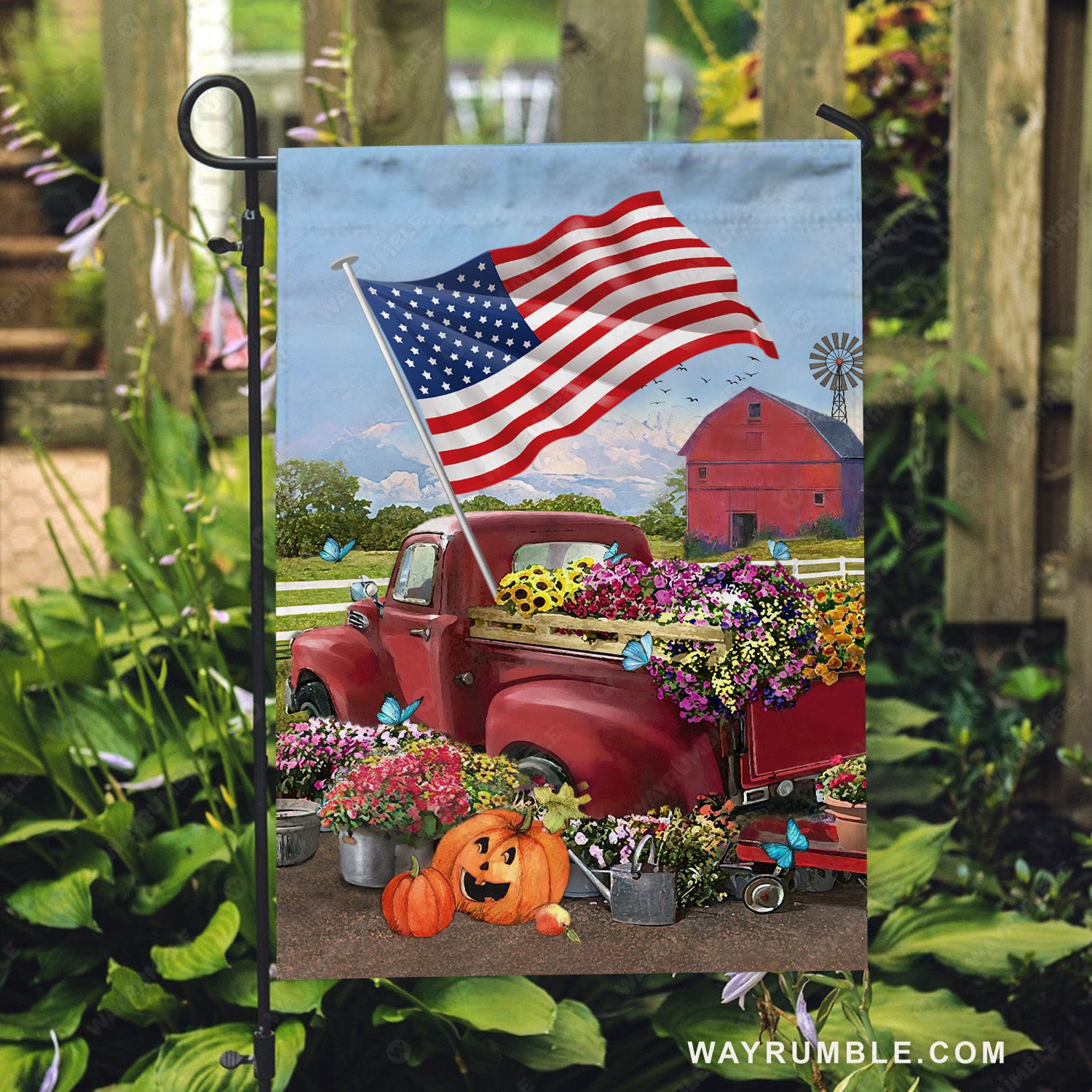 Beautiful flower garden, Pumpkin painting, US flag, Vintage ladybug car - Jesus Flag