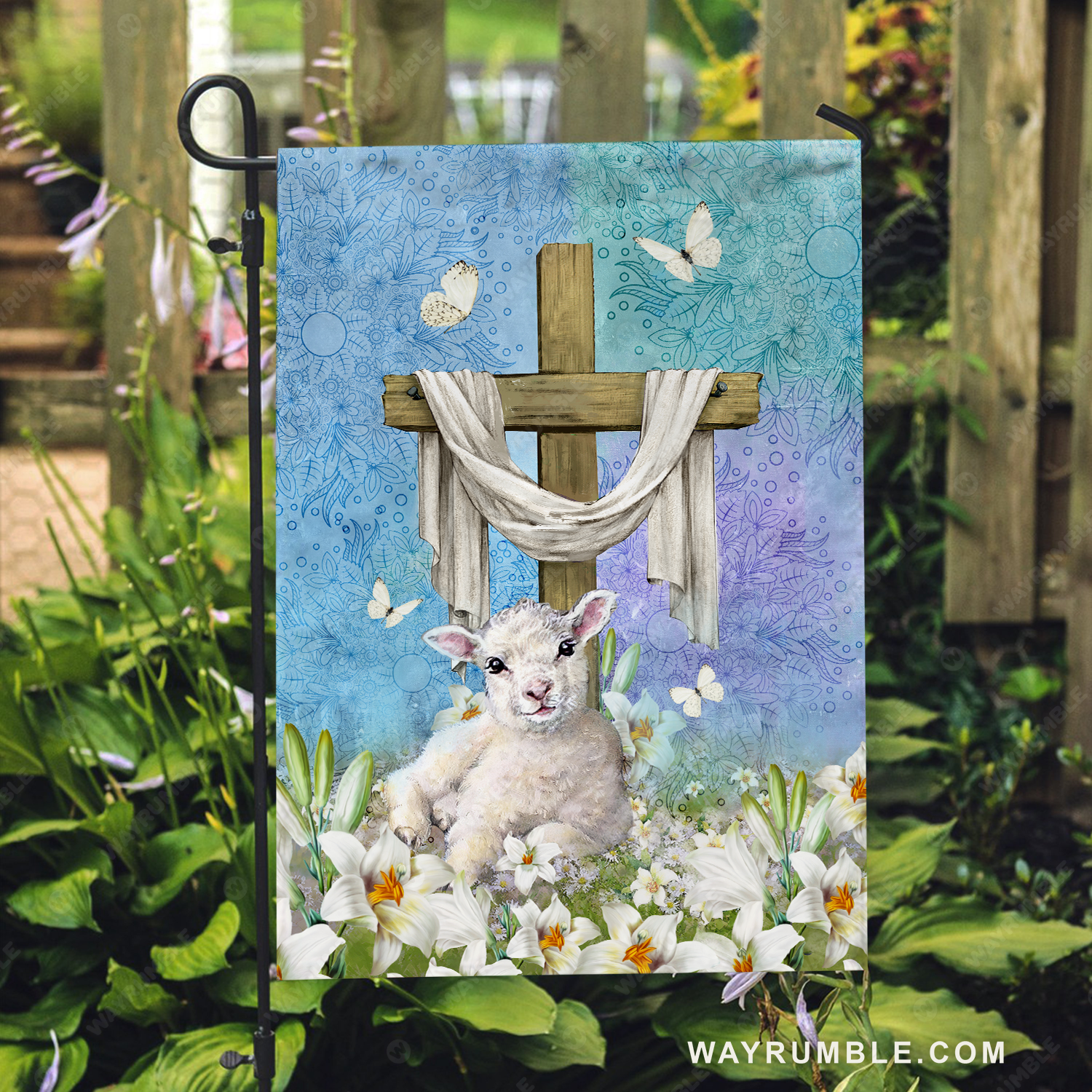 Cute lamb drawing, Lily flower garden, Cross symbol, Butterfly - Jesus Flag